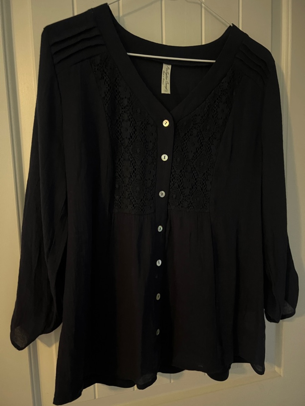PerSeption Concept Black Button-Front Blouse with Lace Yoke